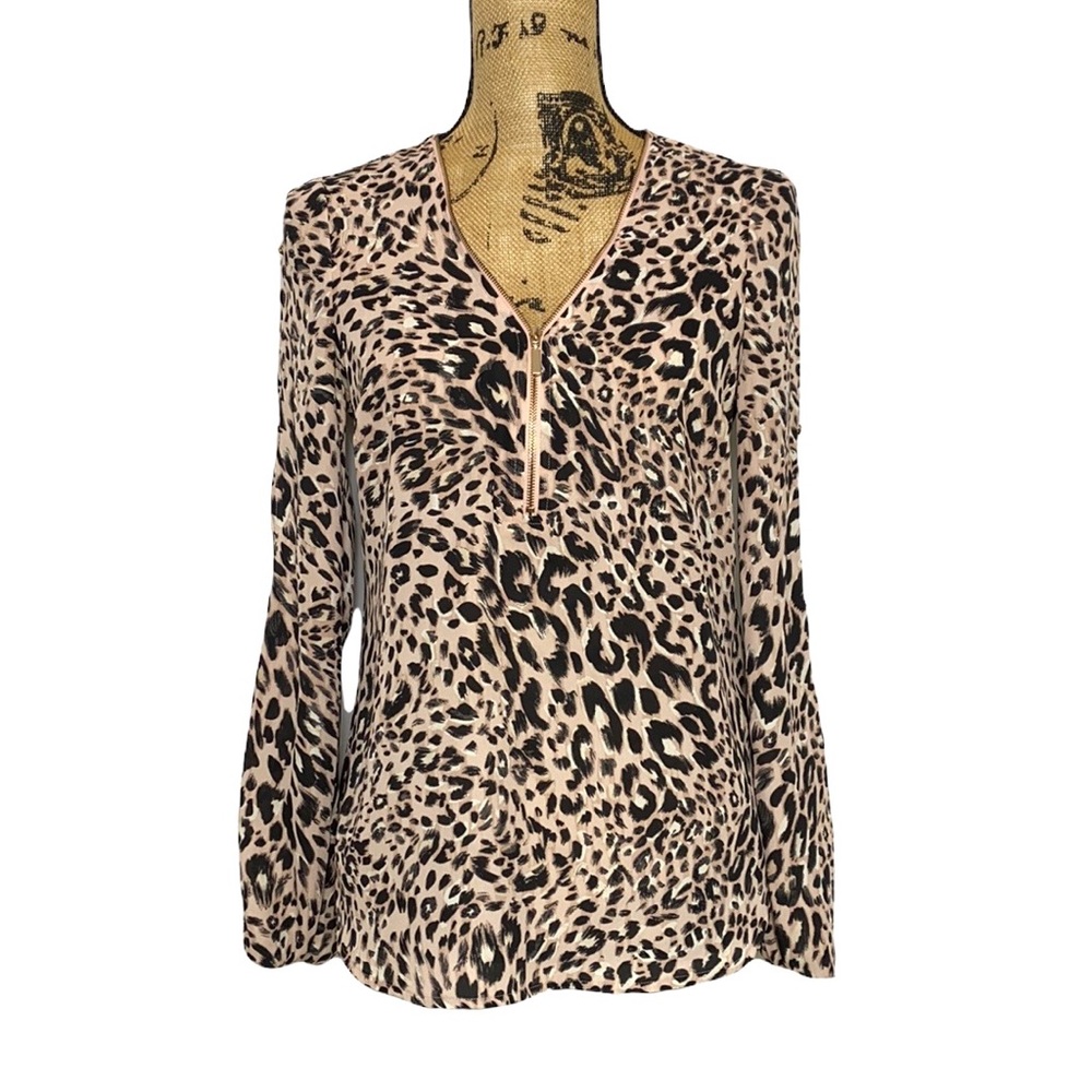 Pink Black Animal Print V-Neck Blouse XS